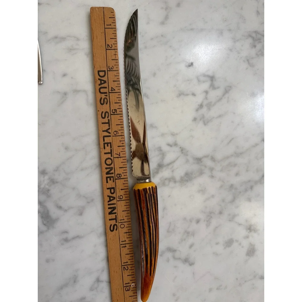E Parker & Sons Sheffield England VTG 8pc Steak Knife & Carving Set Faux Horn
